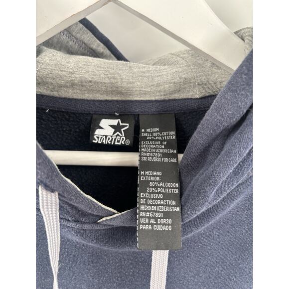 Vintage Starter Hoodie Mens Medium Blue Logo Drawstring Pullover 90s Y2K Cotton - Picture 8 of 15